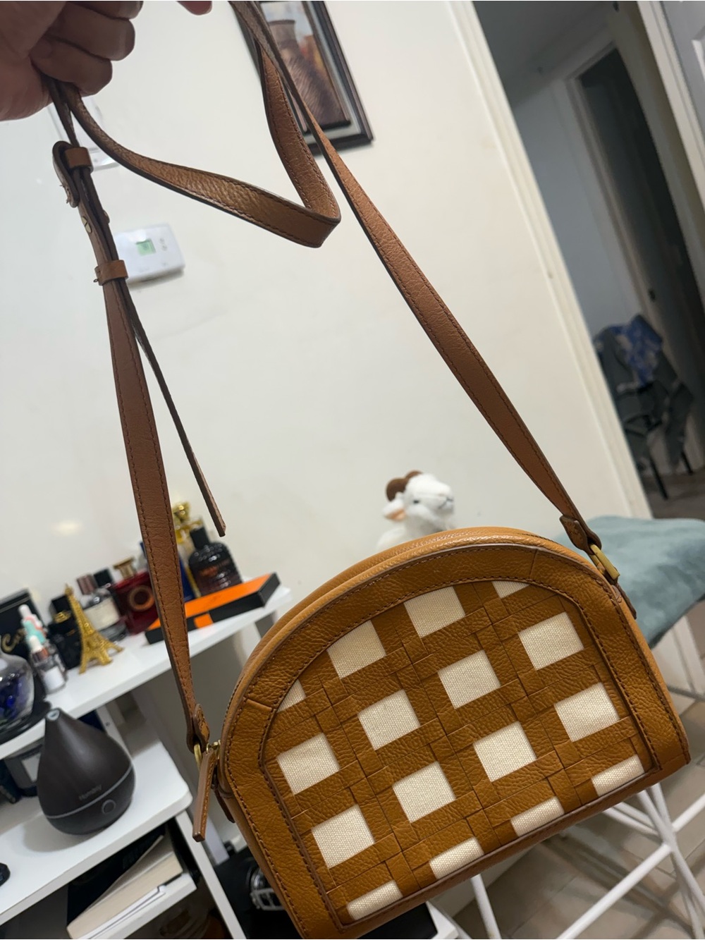 Fossil Tan and Cream Woven Crossbody Bag